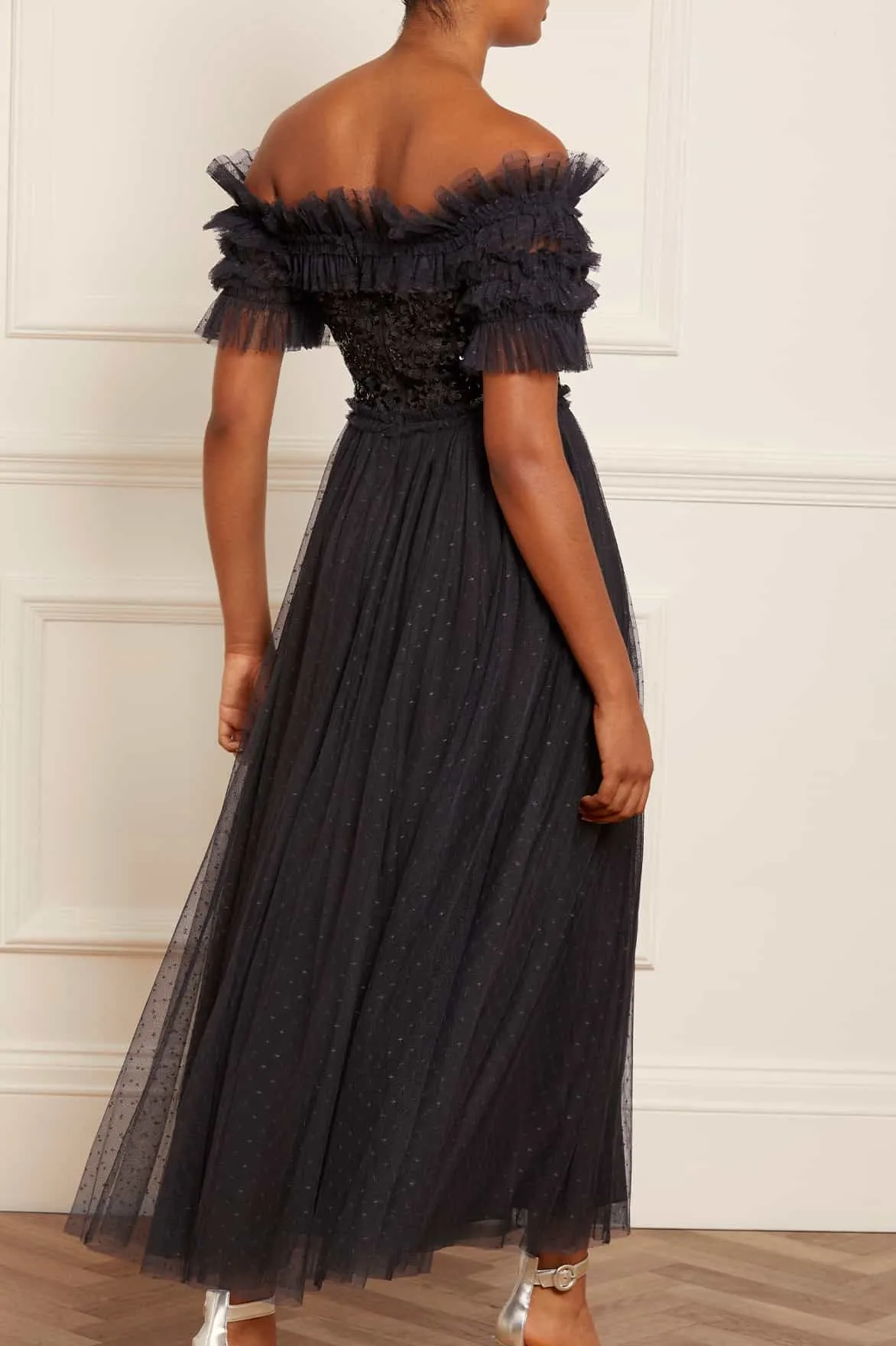 Sequin Wreath Bodice Off-Shoulder Ankle Gown