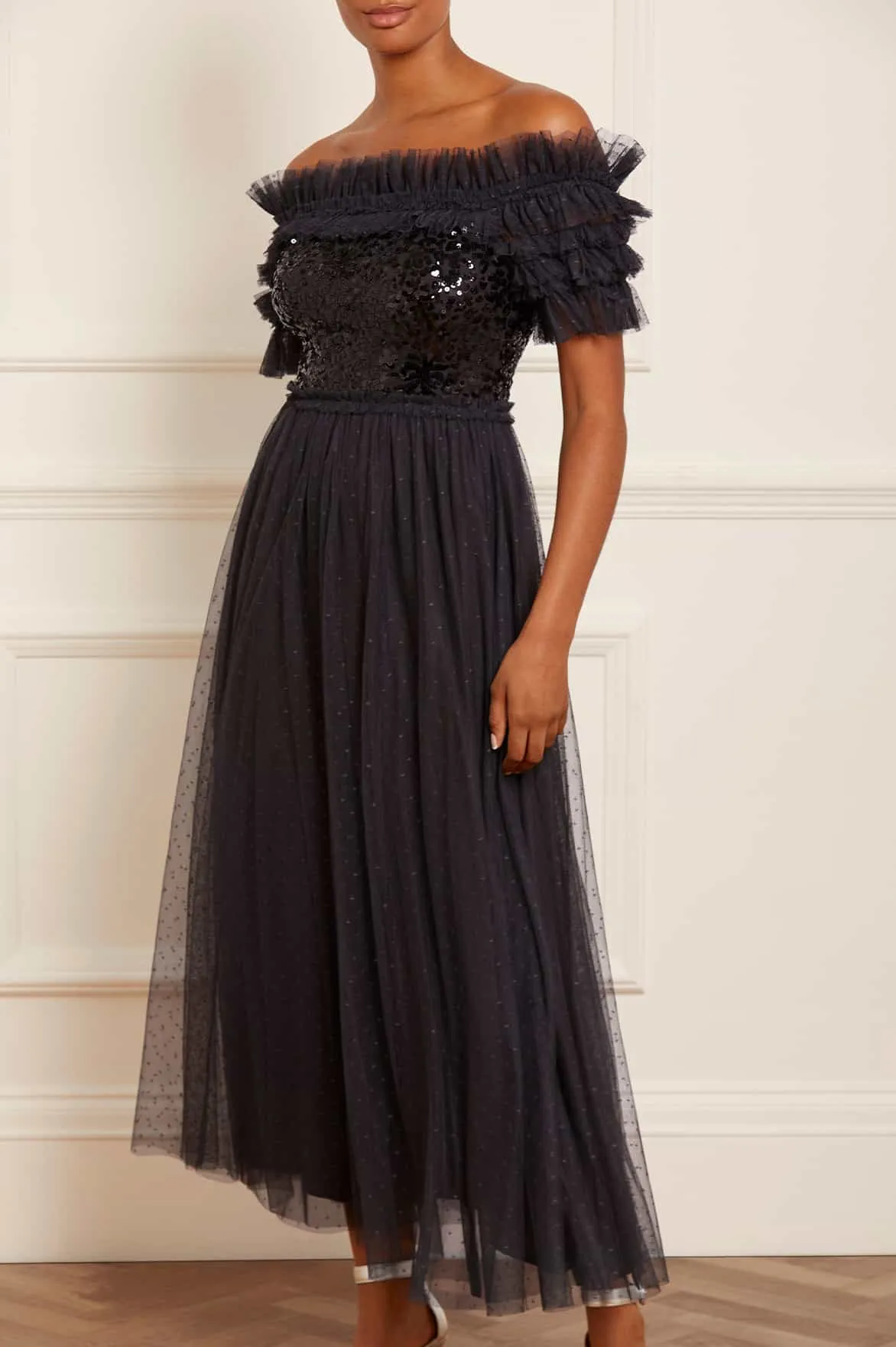 Sequin Wreath Bodice Off-Shoulder Ankle Gown