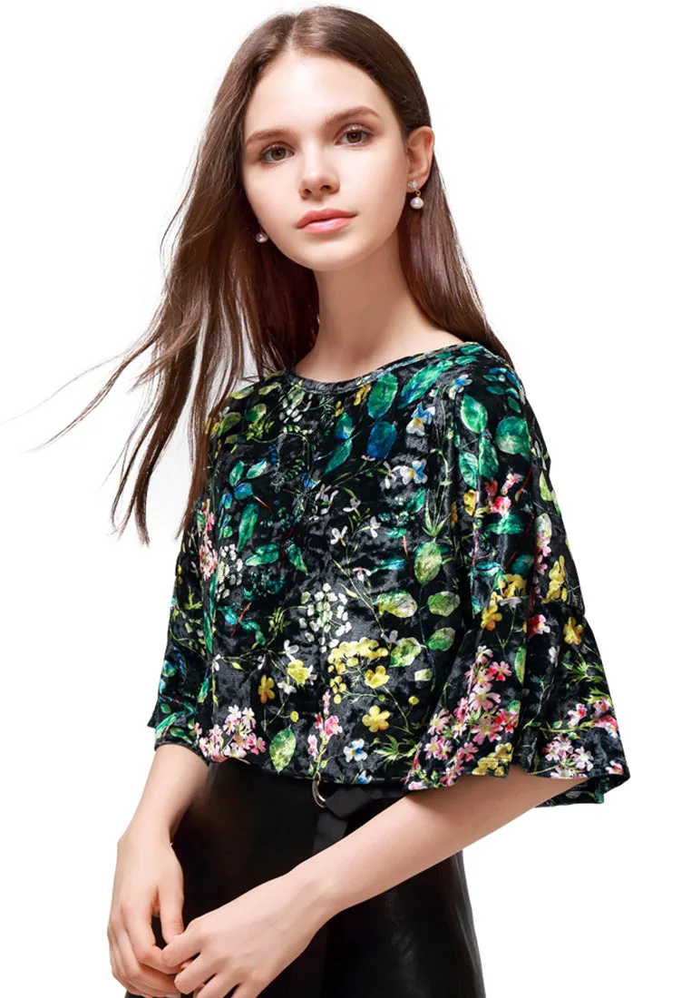 shiny velvet floral top with bell sleeves