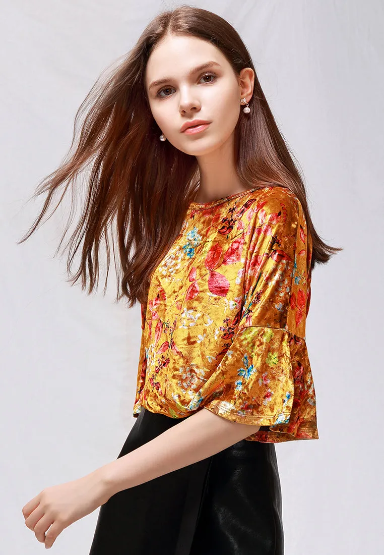 shiny velvet floral top with bell sleeves