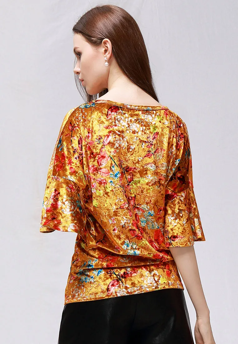 shiny velvet floral top with bell sleeves