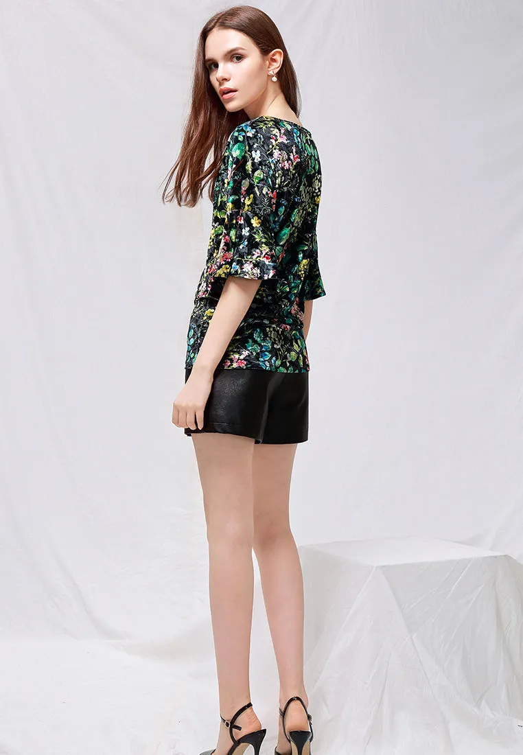 shiny velvet floral top with bell sleeves