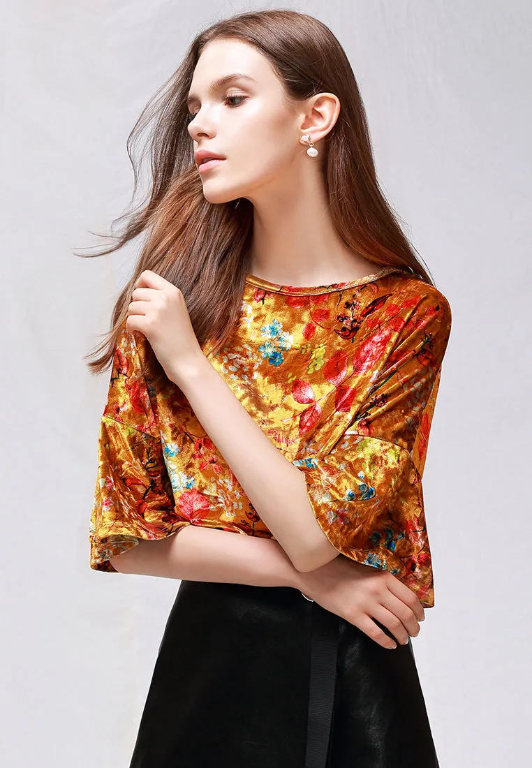 shiny velvet floral top with bell sleeves