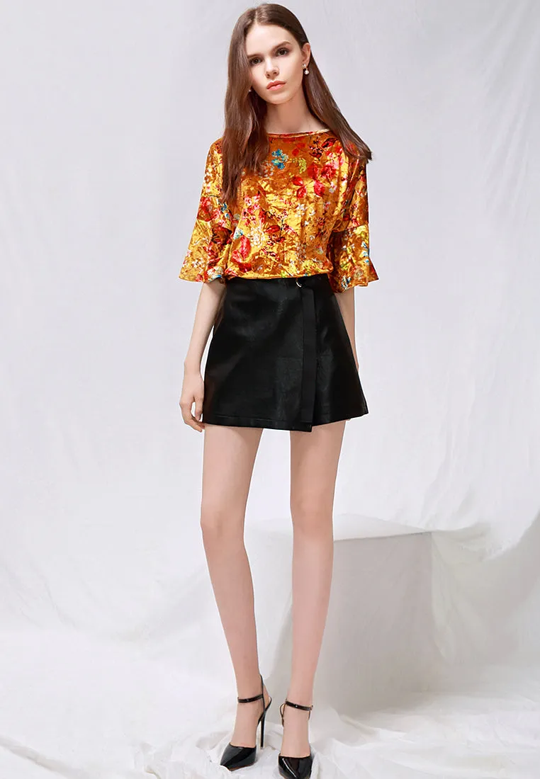 shiny velvet floral top with bell sleeves