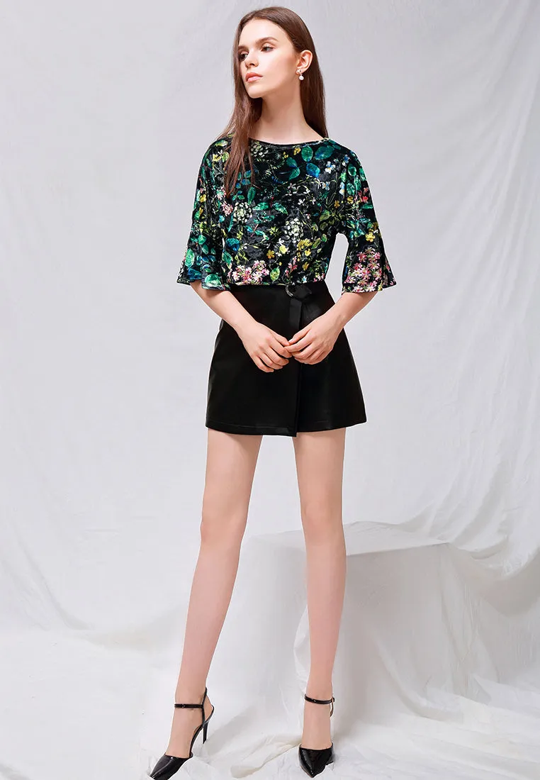 shiny velvet floral top with bell sleeves