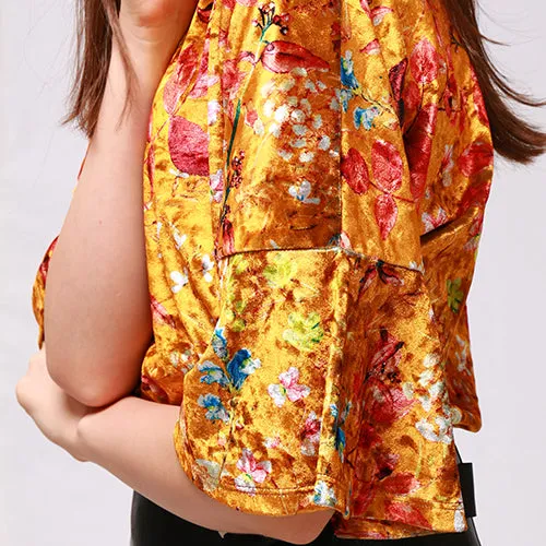 shiny velvet floral top with bell sleeves