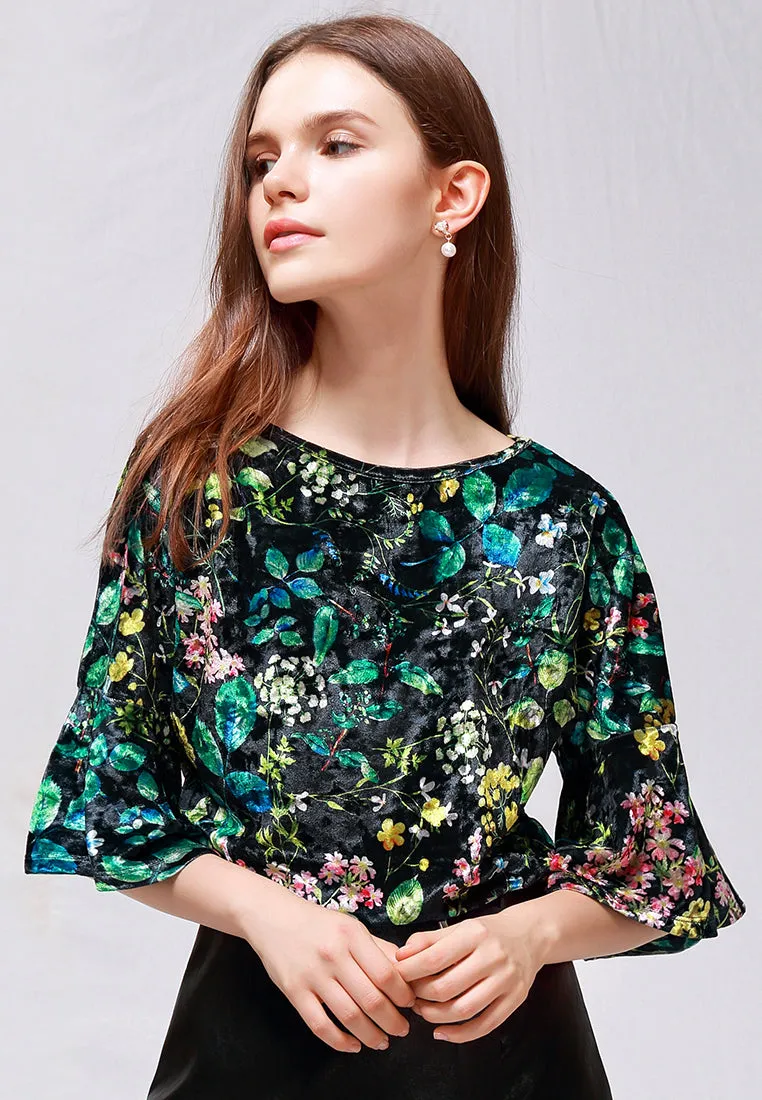 shiny velvet floral top with bell sleeves