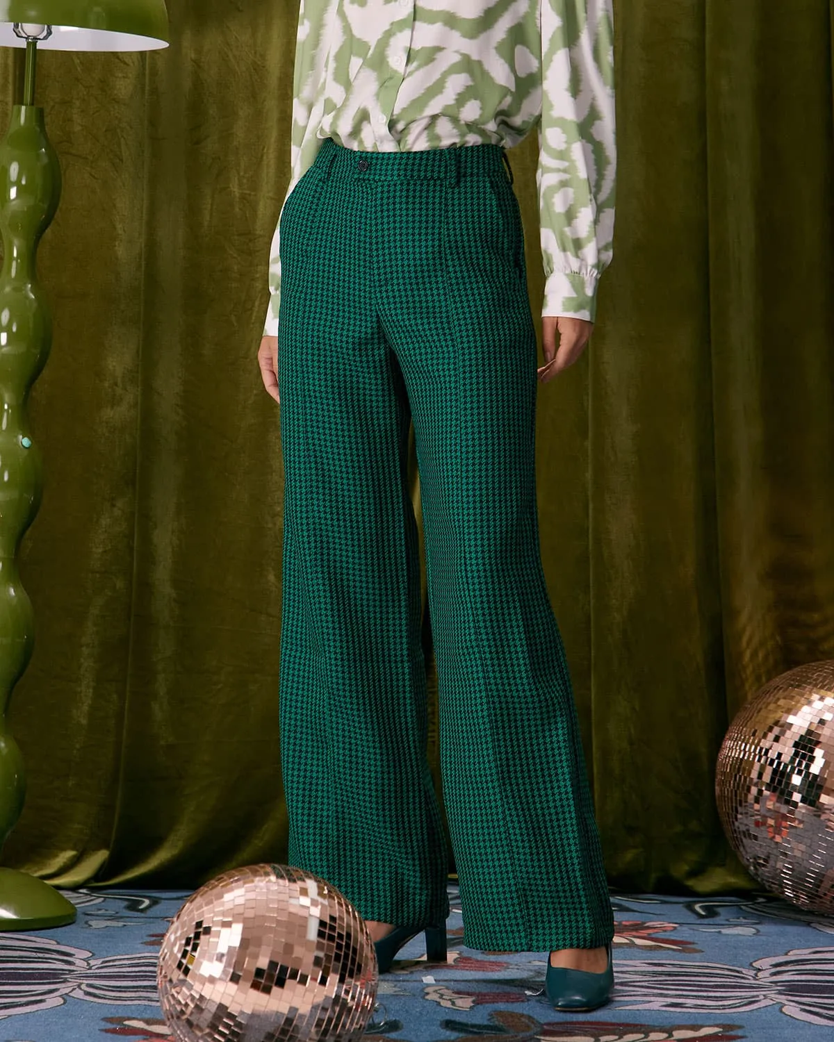 The Green Houndstooth Wide Leg Pants