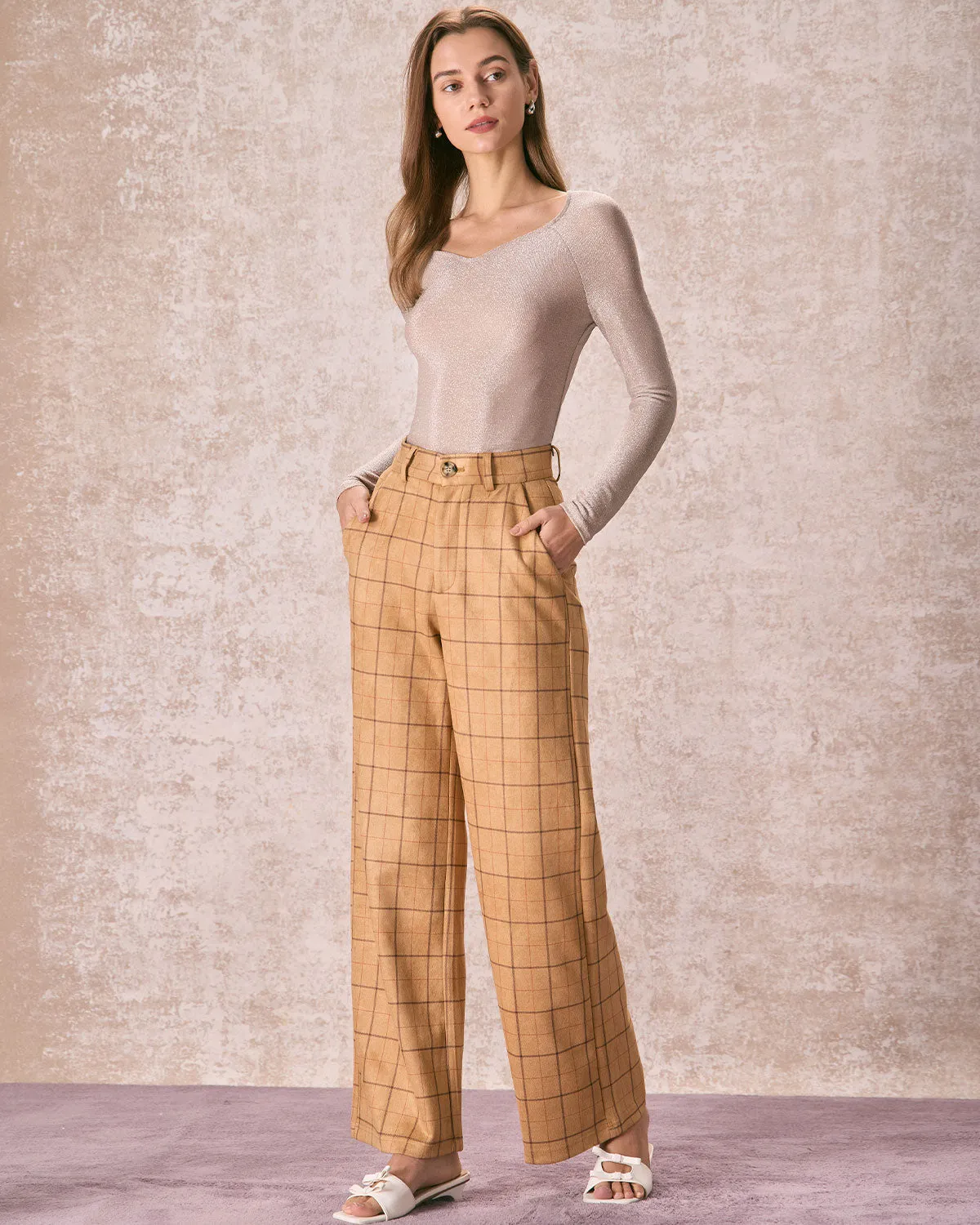 The Khaki High Waisted Plaid Wide Leg Pants