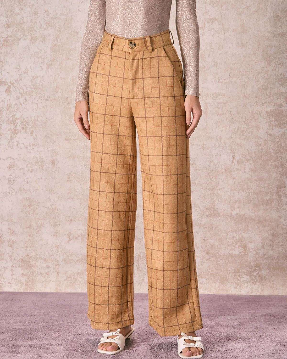 The Khaki High Waisted Plaid Wide Leg Pants