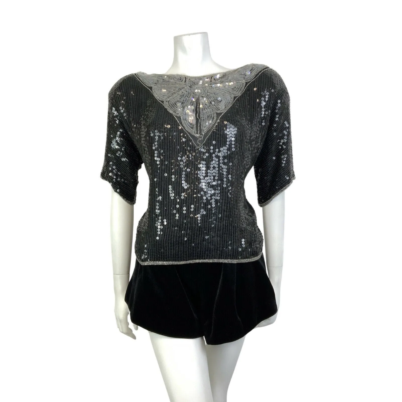 VINTAGE 60s 70s BLACK SILVER IRIDESCENT SEQUIN BEADED DISCO STUDIO 54 TOP 18 20