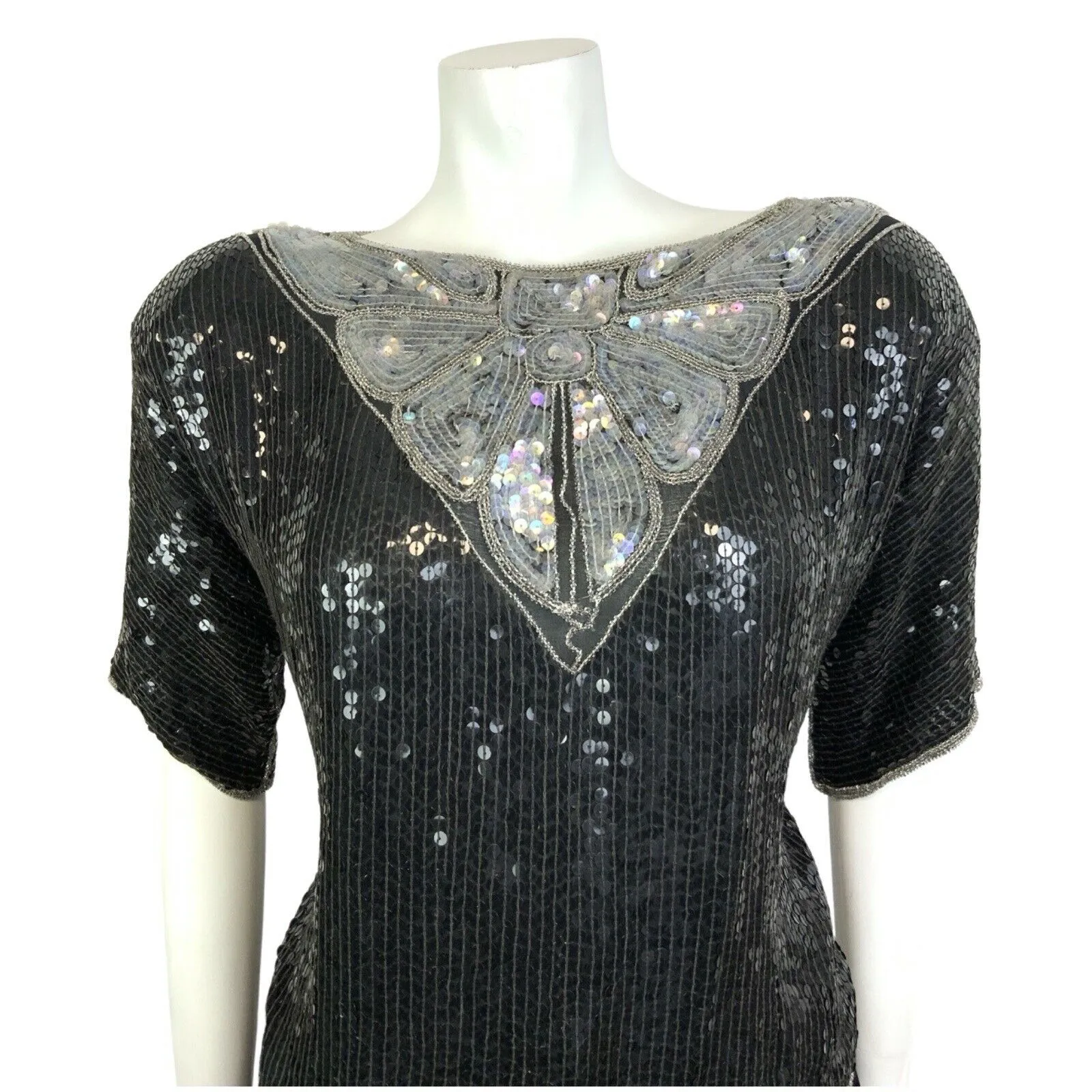 VINTAGE 60s 70s BLACK SILVER IRIDESCENT SEQUIN BEADED DISCO STUDIO 54 TOP 18 20