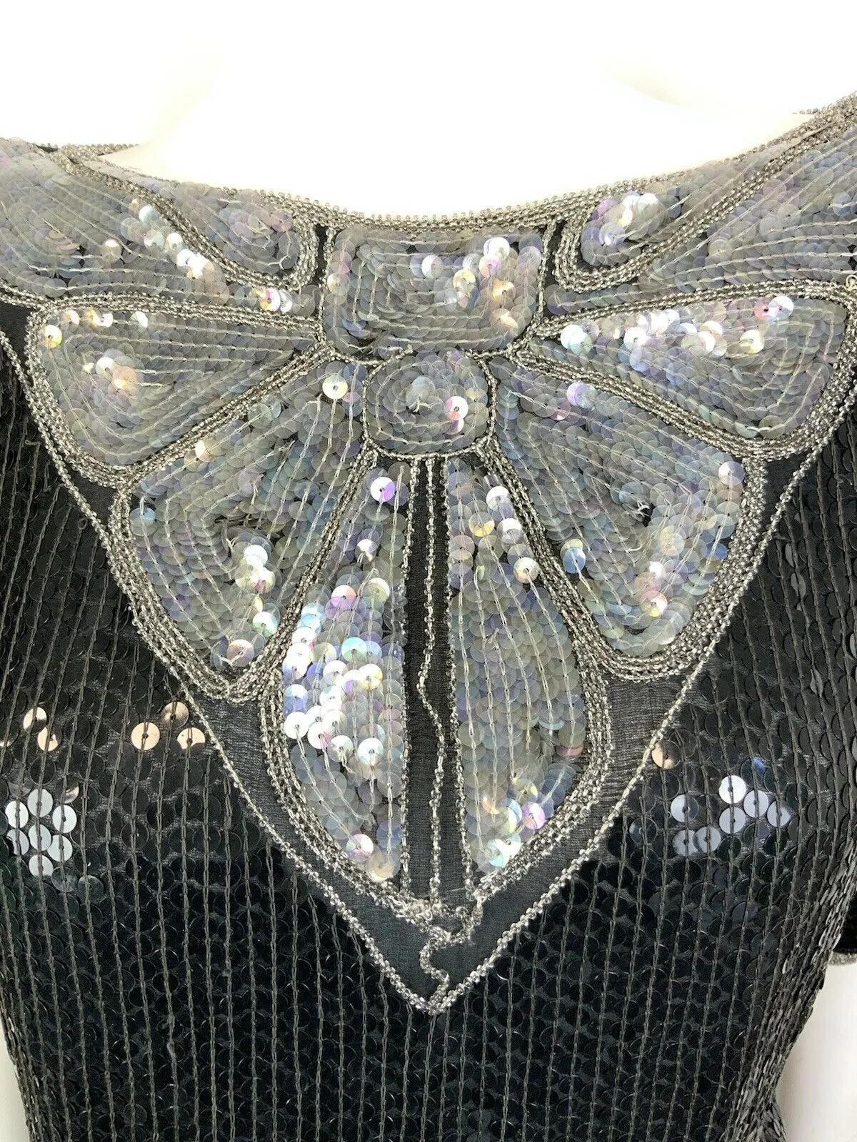 VINTAGE 60s 70s BLACK SILVER IRIDESCENT SEQUIN BEADED DISCO STUDIO 54 TOP 18 20