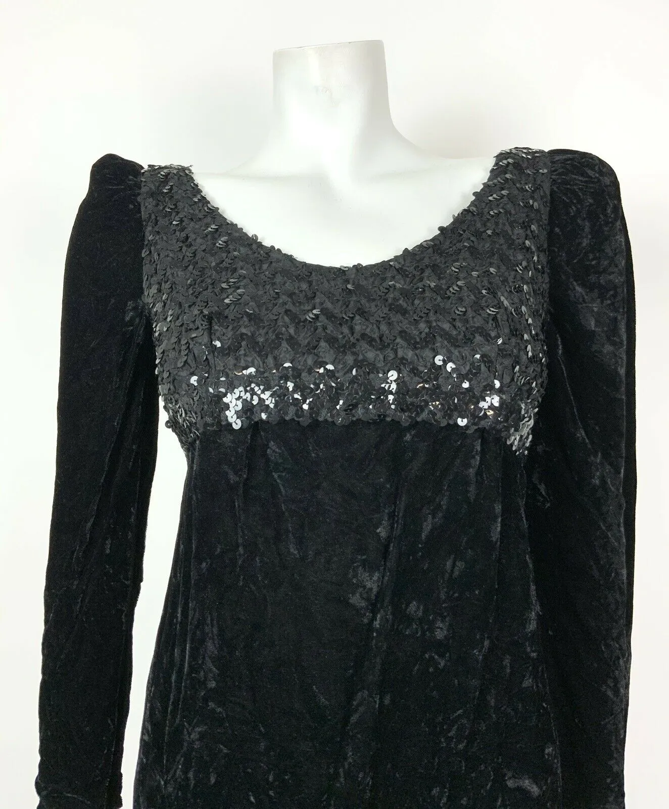 VINTAGE 60s 70s BLACK VELOUR SEQUIN EMPIRE LINE PARTY DISCO LBD MINI DRESS 6