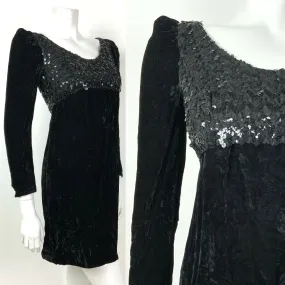 VINTAGE 60s 70s BLACK VELOUR SEQUIN EMPIRE LINE PARTY DISCO LBD MINI DRESS 6