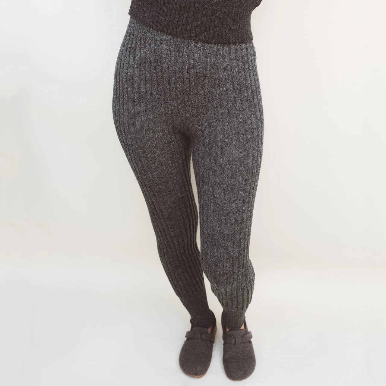 Women's High Waisted Knitted Rib Leggings - 100% Baby Alpaca - Salt & Pepper (S-XL)