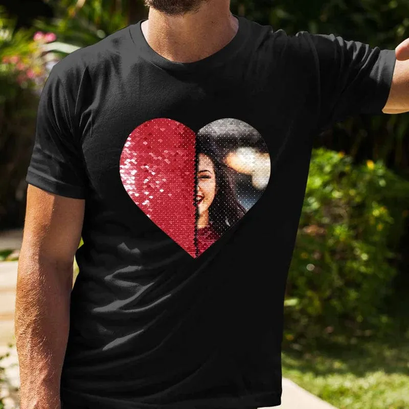 #XS-4XL-Custom Photo or Text Classic Unisex Cotton T-shirt DIY Heart Sequin Tee For Men and Women